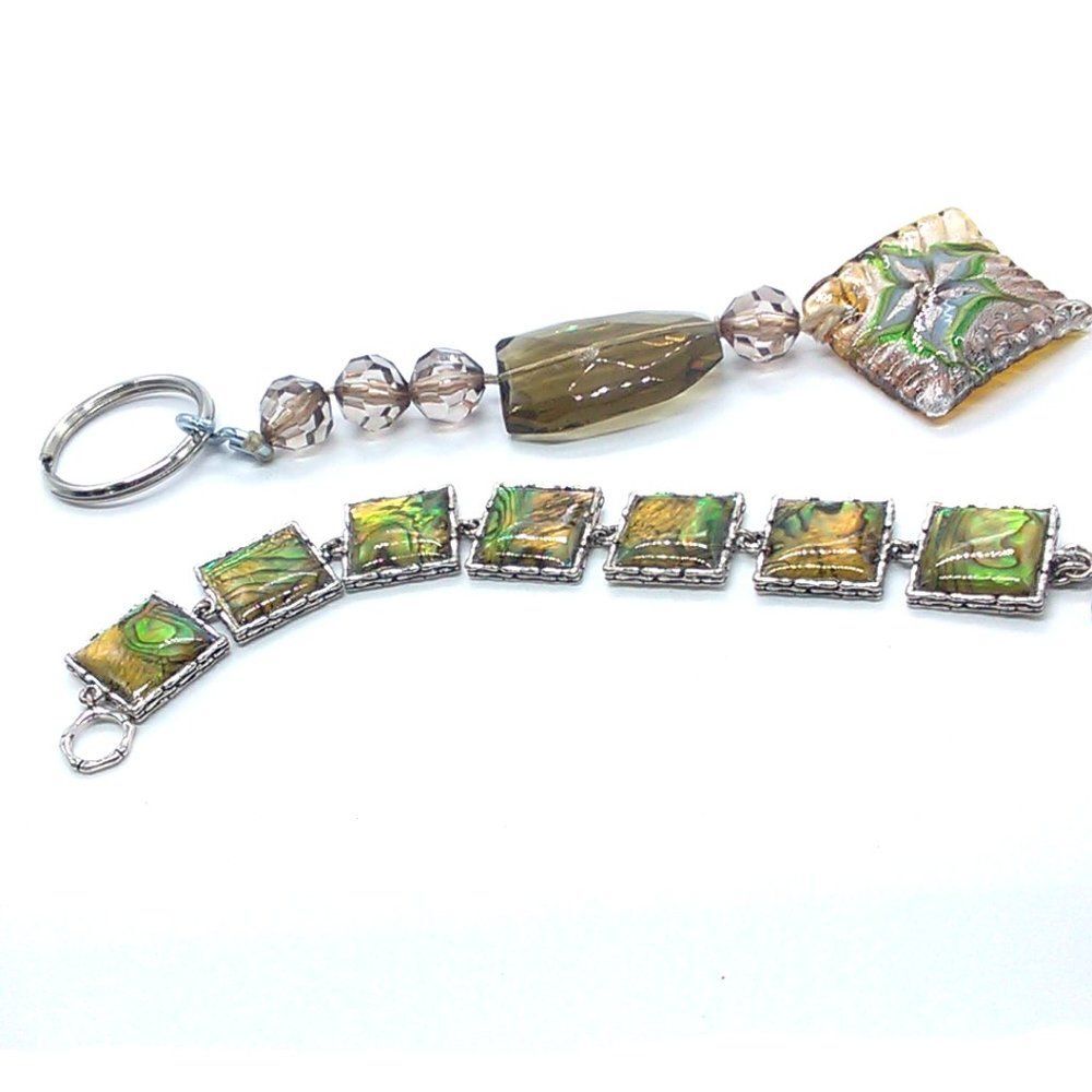 Handcrafted Abalone-Style Square Link Bracelet & Beaded + Glass Keychain Set